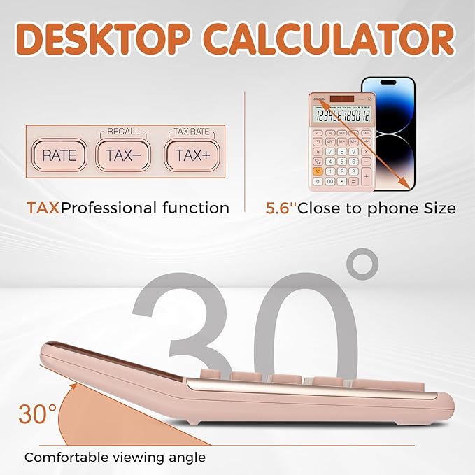 Pendancy Office Small Calculator Desktop with Tax+/- for Tax Calculation, 12 Digit Large LCD Display, Solar Battery Power, Durable Portable Design, Financial Accounting Business Home Use(OS-200T-Pink)-DeskLoop Office
