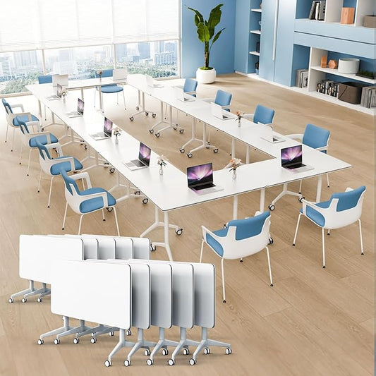 10Pack Folding Conference Room Table, Modern Conference Tables with Silent Wheels, Large Rectangular Mobile Training Tables for Office Classroom, Foldable Modular Seminar Table White (L47.2in)-DeskLoop Office