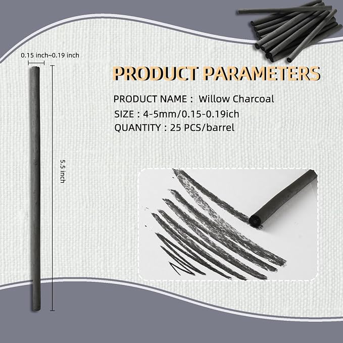 Trzzyan 25 PCS Willow Charcoal Sticks, and Fine Art, 5.7 Inches Long - Image 2
