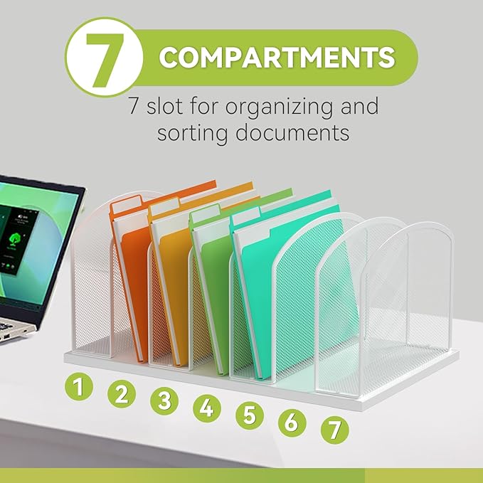 Desk File Organizer Vertical 7 Sections Mesh File Sorter Paper Storage Organizer for Desk, Office Organization File Holder Rack, White