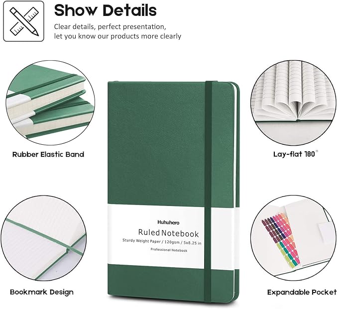 Huhuhero Notebooks Journal, Ruled Notebook, Premium Thick Paper Lined Journal, Black Hardcover Notebook for Office Home School Business Writing Note Taking Journaling, 5"×8.25" (5, Green)-DeskLoop Office
