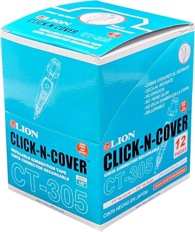 LION CLICK-N-COVER Refillable Correction Tape, Retractable Tip, 1/5" wide and - Image 2