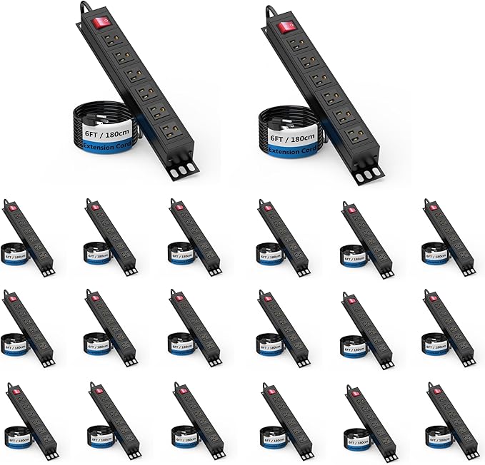 20PCS 6 Outlet Power Strip, Metal Mountable Power Strip Surge Protector, Heavy Duty Wall Mount Power Outlet for Commercial, Industrial, Workshop, Long Power Cord, 15A/125V 1875W-DeskLoop Office