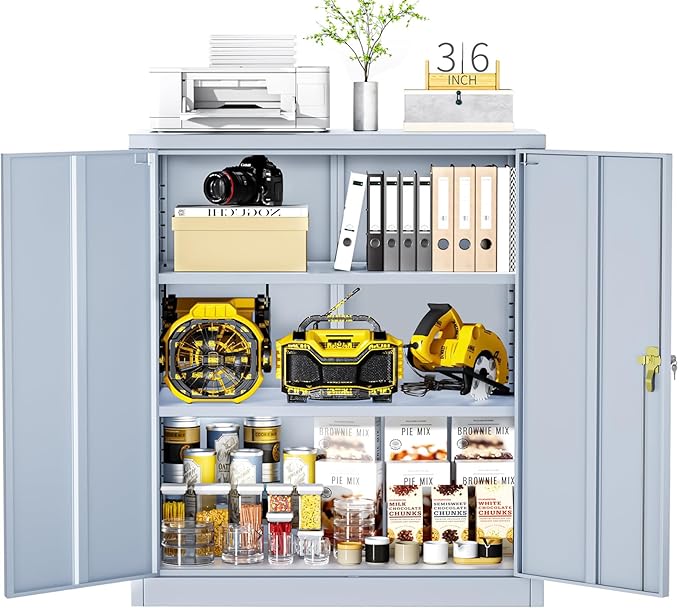 Greenvelly Metal Garage Storage Cabinet, Lockable Metal Cabinets with 2 Doors and Shelves,36”Steel Storage Locking Counter Cabinet for Office,Garage,Kitchen,Home,School(Dark Grey)-DeskLoop Office