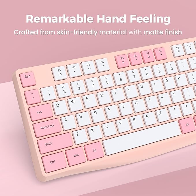 Lovaky Wireless Keyboard, 2.4G Ergonomic Wireless Computer Keyboard, Enlarged Indicator Light, Full Size PC Keyboard with Numeric Keypad for Laptop, Desktop, Surface, Chromebook, Notebook,PinkWhite-DeskLoop Office