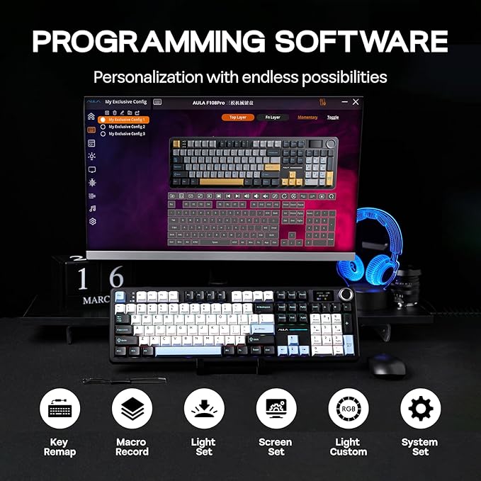 EPOMAKER X Aula F108 PRO Wireless Gaming Keyboard with Screen, 8000mAh Battery, 104 Hot-Swappable and Programmable Keys and Knob, RGB Backlight, for Mac/PC/Android (Blue&White&Black)-DeskLoop Office
