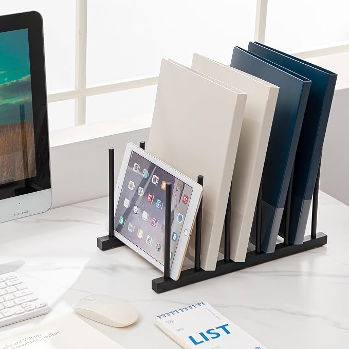 HBlife Black Desk File Organizer 5 Section Vertical File Sorter, 1 Pack Bamboo - Image 4
