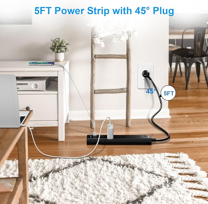 2 Pack Power Strip Surge Protector-5 Widely Spaced Outlets 3 USB Ports(1 USB C Port),1250W/10A with 5Ft Extension Cord, Power Strips with Surge Protection, Wall Mount for Home Office,Black-DeskLoop Office