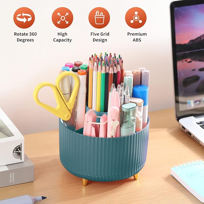 Desk Pencil Pen Holder, 5 Slots 360°Degree Rotating Pen Organizers - Image 2