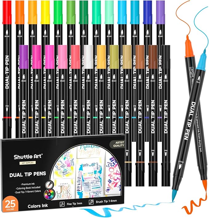 Shuttle Art Dual Tip Brush Marker Pens, 25 Colors Water-based Ink, Fine and Brush Tip Marker Set with 1 Coloring Book for Kids Adult Artist Calligraphy Hand Lettering Journal Doodling Writing-DeskLoop Office