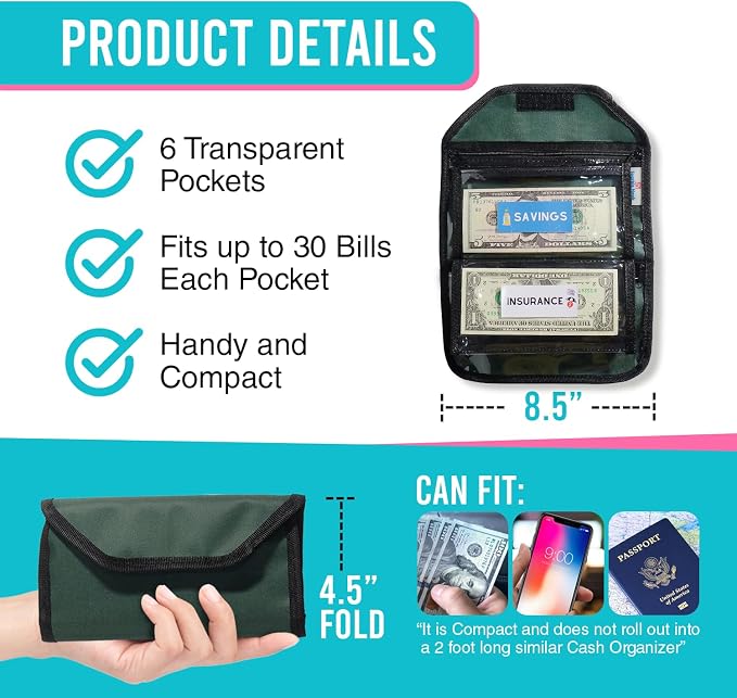 Money Organizer for Cash, Money Wallet Organizer for Cash, 6 Zippered Pocket - Image 3