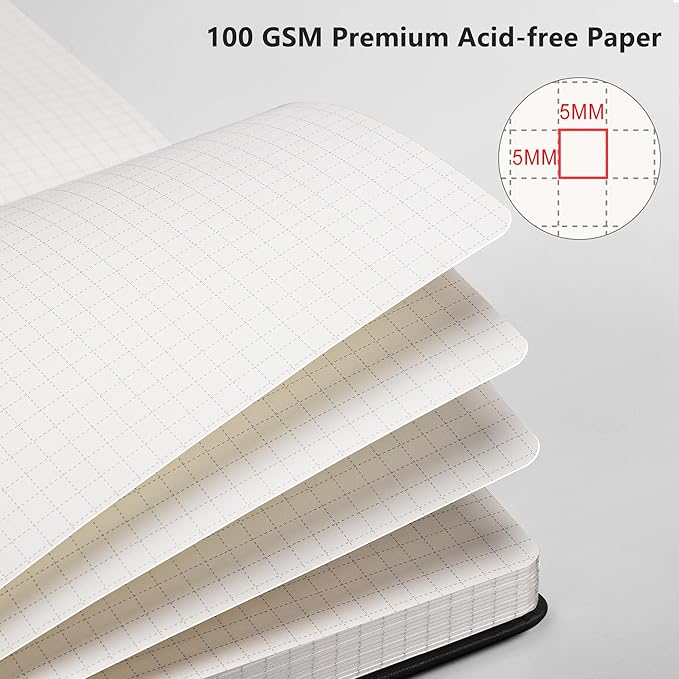 RETTACY Graph Grid Paper Notebook, 192 Pages, A5 Medium Size (5.7'' x 8.3''), 5 Squares per Inch, Leather Hardcover, 100 GSM Thick Paper, for School, Students, Math, Engineering (Rose Gold)-DeskLoop Office