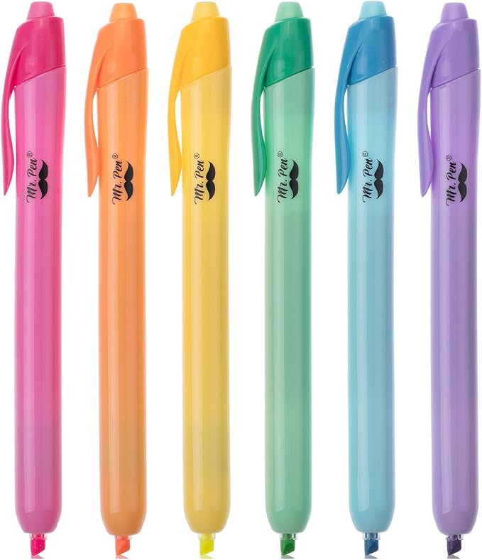 Mr. Pen- Retractable Highlighters, 6 Pack, Bright Colors | Chisel Tip by MrPen