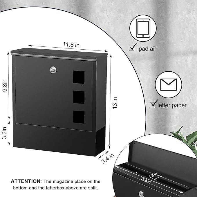 KYODOLED Locking Mailbox Wall Mount, Locked Mail Boxes, Mailbox with Key Lock for Outside, Large Capacity Drop Box for Newspapers, 13 x 3.4 x 11.8 Inch, Black-DeskLoop Office