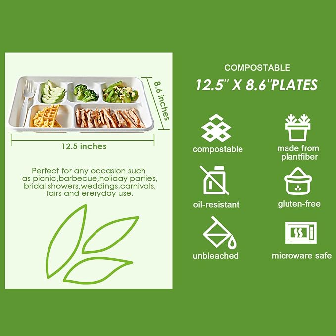 Vplus 100% Compostable 6 Compartment Plates, 90 Pack Compartment Paper Plate - Image 3