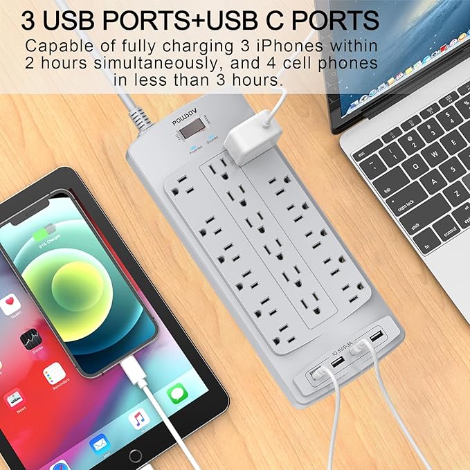 18 Outlets Surge Protector Power Strip - 6 Feet Flat Plug Heavy Duty Extension Cord with 18 Widely Outlets and 4 USB Ports, 2100 Joules, Grey, ETL Listed-DeskLoop Office