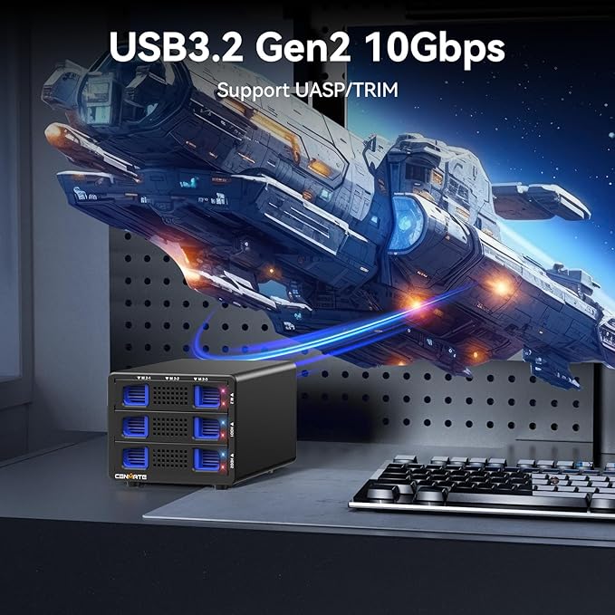 Hybrid 2*2.5/3.5" SATA HDD/SSD+3* M / B+M Key M.2 NVMe Enclosure with Cooling Fan and USB A/C 3.2 Gen 2, Hard Drive Enclosure Support 68TB(2*22TB HDD+3*8TB 2230/2242/2260/2280/22110 SSDs)-DeskLoop Office
