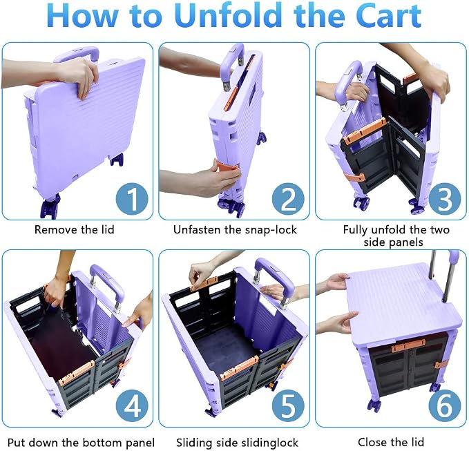 FELICON SELORSS Foldable Utility Cart Folding Portable Rolling Crate-Purple | - Image 4