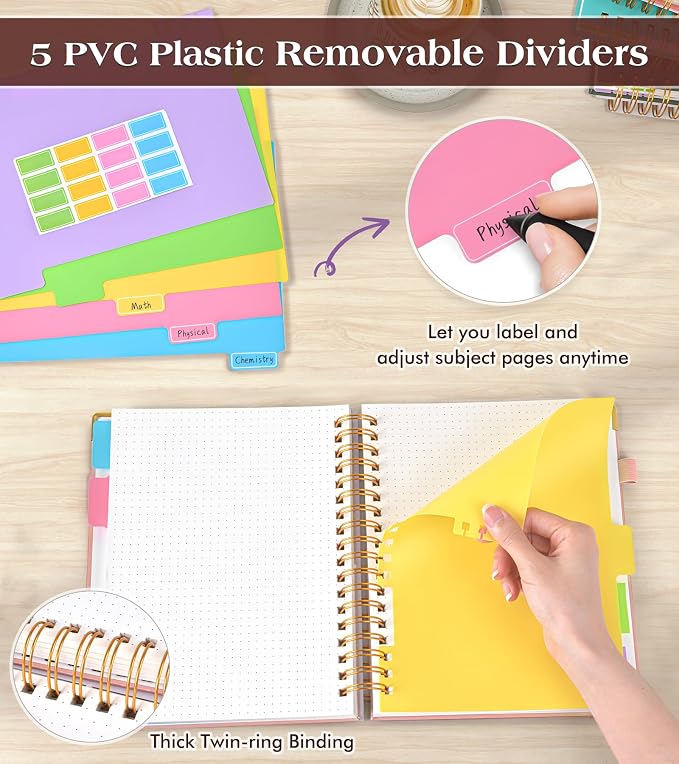 5 Subject Dotted Notebook with Removable Dividers Tabs, 300 Pages Hardcover - Image 3