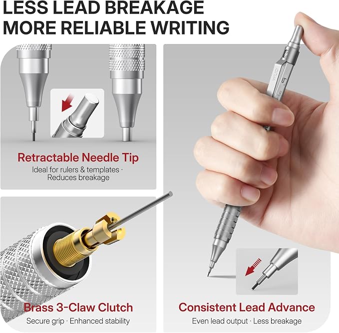 WUO 0.9mm Mechanical Pencil Set, 3 Silver Metal Drafting Pencils - Image 3