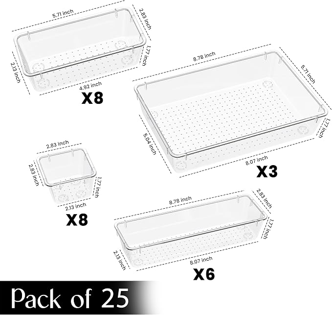 KICHLY 25 Piece Clear Drawer Organizer Set – Multi Size Storage Trays - Image 8