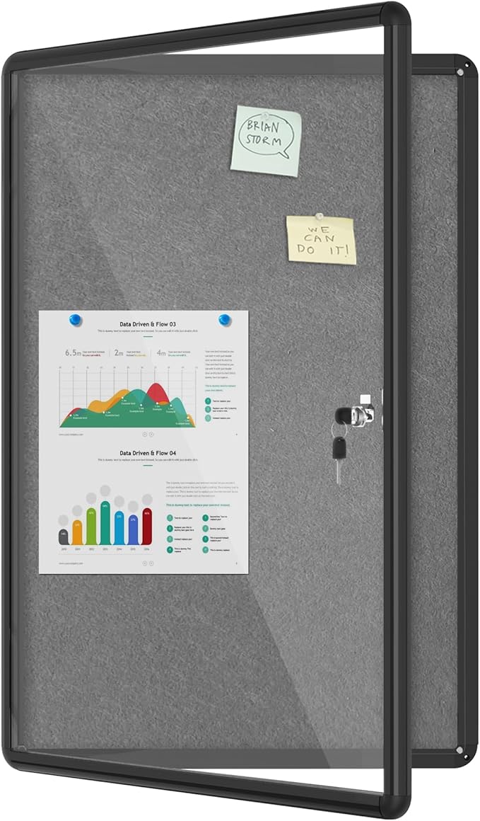 36"x24" Enclosed Bulletin Board, Lockable Weather-Resistant Aluminum Cork Noticeboard for School & Office, Black Frame w/Grey Flet-DeskLoop Office