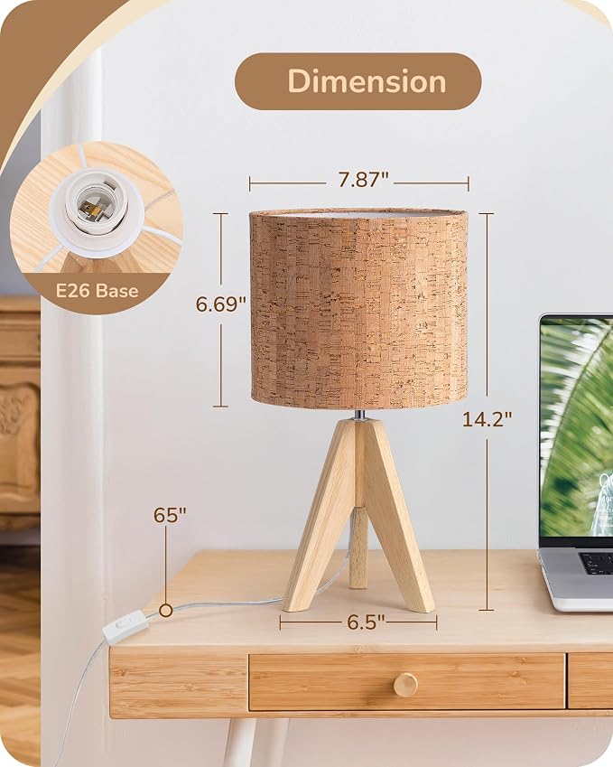 EDISHINE Small Table Lamp, Wooden Tripod Nightstand Lamp - Image 5