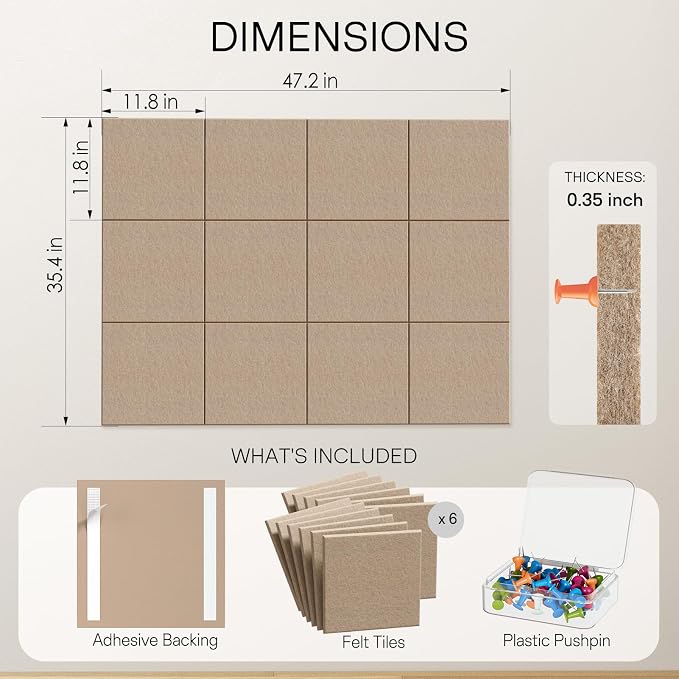 MaxGear Felt Bulletin Board 48" x 36", Tan Felt Wall Tiles Wall Decor | Modern - Image 2