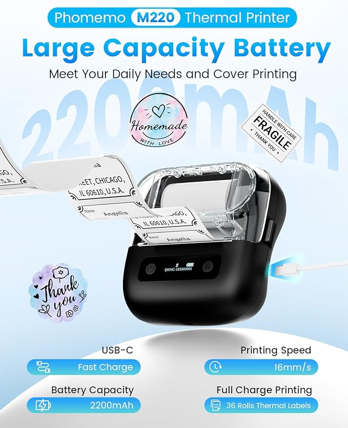 Phomemo Label Maker, M220 Thermal Label Printer, 80mm Portable Bluetooth Barcode Printer Compatible with Andriod/iOS for Home, Office, Small Business, with 3 Packs Label & Case-DeskLoop Office