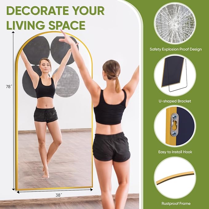 Full-Length Floor Mirror with Stand, 78"x38" Arched Style Full Body Standing Mirror for Bedroom, Living Room, Gym, Dorm - Shatter-Resistant & Easy Assembly, Gold-DeskLoop Office