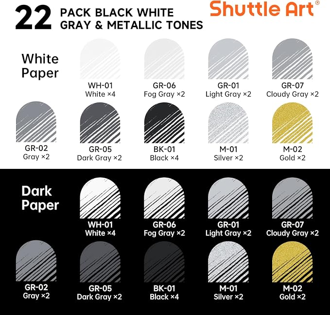 Shuttle Art Colored Pens, 22 Black White Gray & Metallic Tone Colors Cute - Image 2