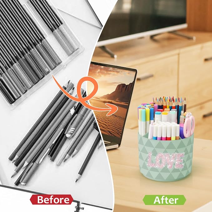 Bling Desk Organizer, Glitter Love Rhinestone Rotating Pencil Pen Holders - Image 7