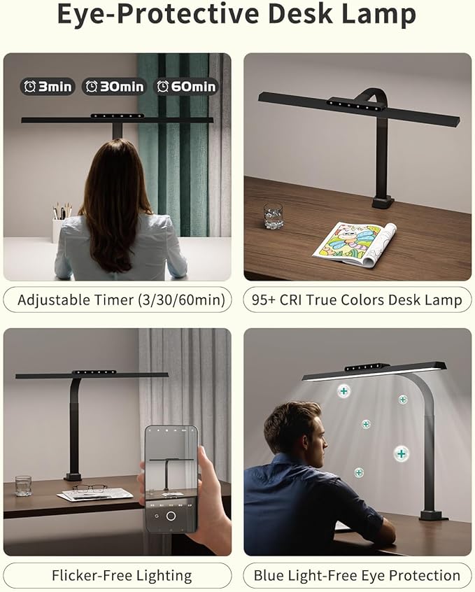 LED Desk Lamps for Home Office, 24W Bright Eye-Caring Desk Light with Clamp, Stepless Dimming Adjustable Flexible Gooseneck Clip on Office Lamp with Adapter for Reading, Study, Workbench,White-DeskLoop Office