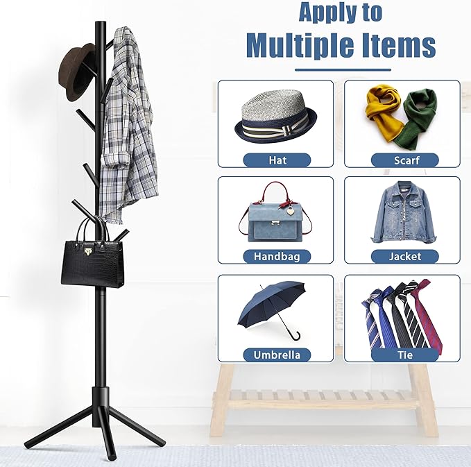 Haddockway Wooden Coat Rack Stand with 8 Hooks New Zealand Pine 3 Adjustable Coat Standing Tree Easy Assembly for Coats, Hats, Scarves and Handbags for Entryway, Hallway, Bedroom, Office,2 PCS-DeskLoop Office