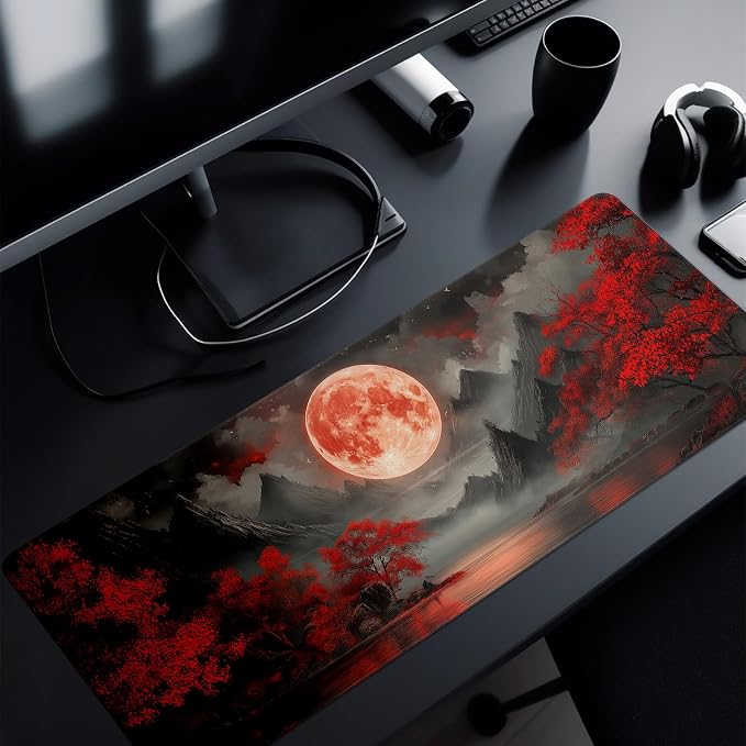Darkness Red Moon Mouse Pad Abstract Red Mouse Pad 31.5x11.8 Inch Texture - Image 8