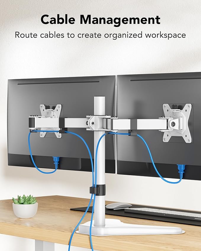HUANUO 32 inches Dual Monitor Stand up to 17.6lbs, High-Grade Aluminum Free-Standing Dual Monitors Mount for 2 Screens. Fully Adjustable Dual Monitor Stand for Desk with Tilt, Swivel, Rotation, White-DeskLoop Office
