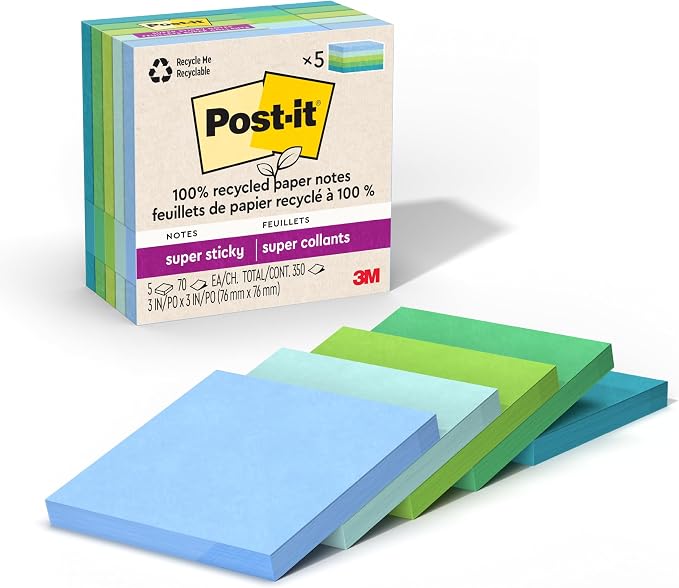 Post-it 100% Recycled Paper Super Sticky Notes, 3 in. x 3 in., 5 Pads, 70 by Unknown