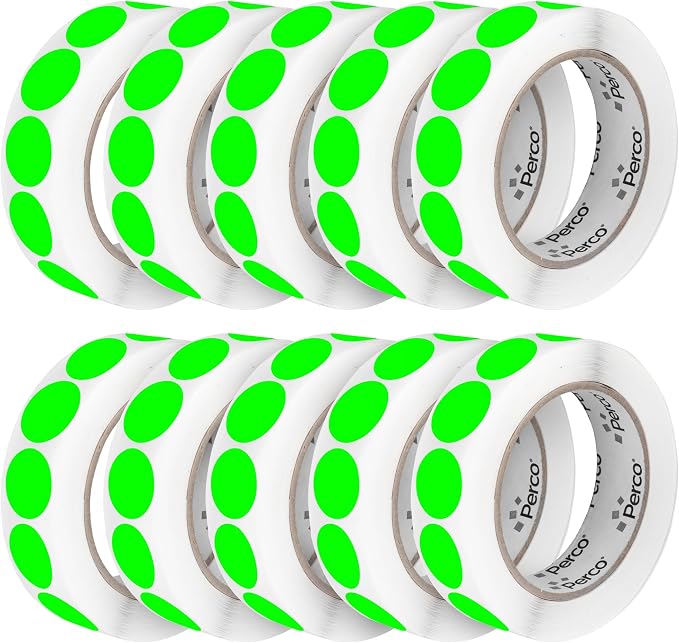 Perco Fluorescent Green 1-Inch Perforated Circle Dot Sticker Labels — 10 Rolls by Perco