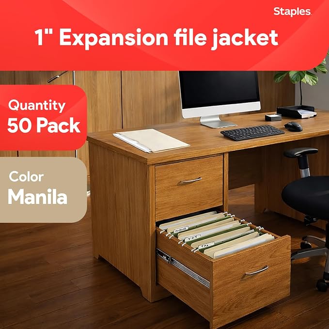 Staples File Jackets, Letter Size, 1‑Inch Expansion, Reinforced Manila Pocket - Image 2