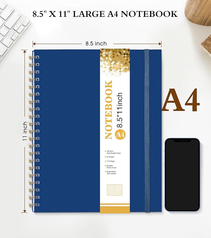 Spiral Notebook Journal 8.5” x 11”, A4 Large Notebooks for Women Men, College Ruled Lined Journal, 100 GSM Paper, Plastic Hardcover Spiral Bound Journals for Work School Note Taking Business, Navy-DeskLoop Office