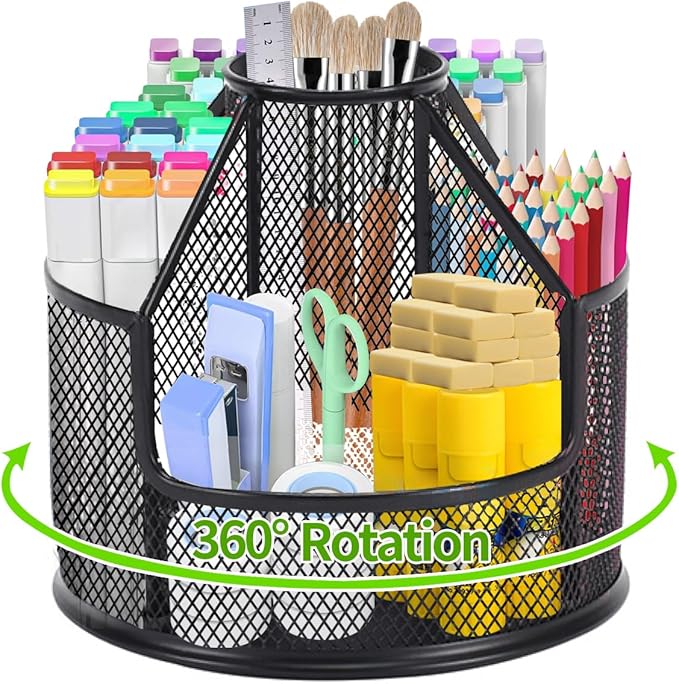 Pencil Holder, Rotating Desk Organizer, Metal Pen Organizer Mesh Pen Holder Office Desk Accessories Cute Office, School, Home,Art Suppliers (Black)-DeskLoop Office