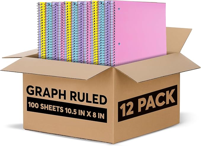 Graph Paper Spiral Notebook - Graph Paper Notebook, Quad Ruled Grid Notebooks, Perforated Pages - 10.5 X 8 Inches - 1 Subject Wirebound Notebook - Assorted Colors - 100 Sheets per Book - (12 Pack)-DeskLoop Office