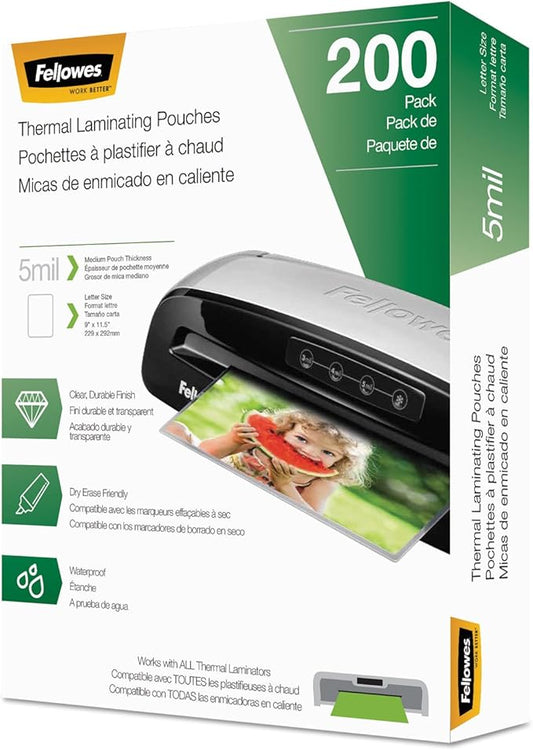 Fellowes Thermal Laminating Pouches, Letter Size Sheets, 5mil 200pk, Clear (5743601)-DeskLoop Office