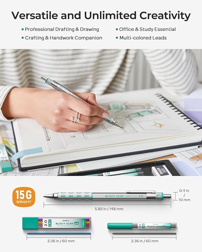 Nicpro 3 Pack Blocky Gear 2.0 mm Metal Mechanical Pencils Set - Image 4
