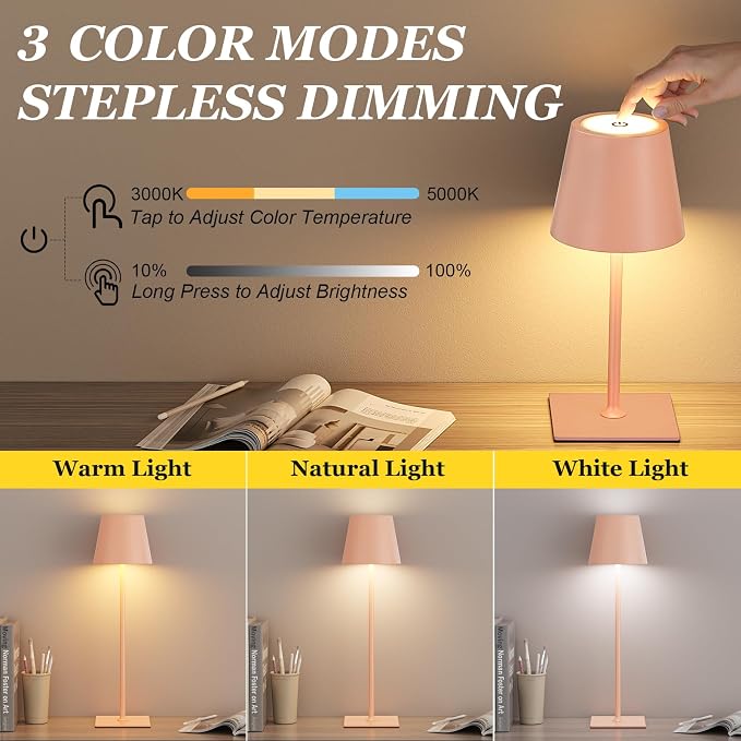 Kakanuo Pink Cordless Rechargeable Table Lamp 5000mAh Battery Operated Lamps - Image 2