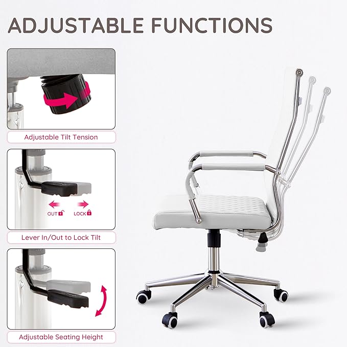 Livinia Modern Executive Office Chair with Patterned Back Design, Chrome & Leather Swivel Chair with High Back, Adjustable Height, Removable Armrests, and Wheels for Home Office (White(Chrome))-DeskLoop Office