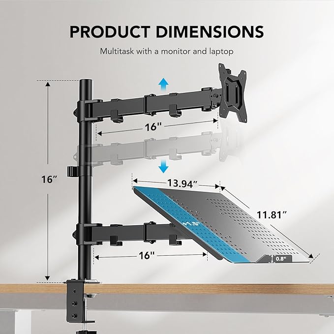 HUANUO Adjustable Monitor Stand, Single Arm Desk Mount for 32 inch Screen and 17 inch Laptop, Heavy Duty Ergonomic Bracket Holds 22lbs-DeskLoop Office