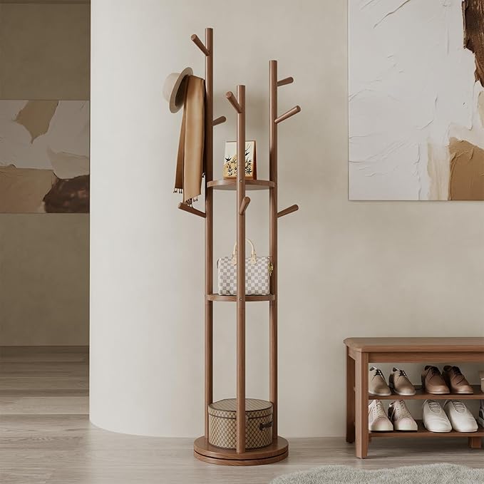 Solid Wood Rotary Coat Rack, Freestanding Coat Rack with 3 Shelves and 9 Hooks, Coat tree for Bedroom, Entryway, Livingroom, Coat Hanger Stand for Coats, Scarves, Handbags (Walnut)-DeskLoop Office