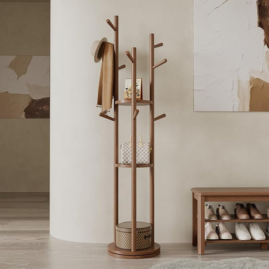 Solid Wood Rotary Coat Rack, Freestanding Coat Rack with 3 Shelves and 9 Hooks, Coat tree for Bedroom, Entryway, Livingroom, Coat Hanger Stand for Coats, Scarves, Handbags (Walnut)-DeskLoop Office