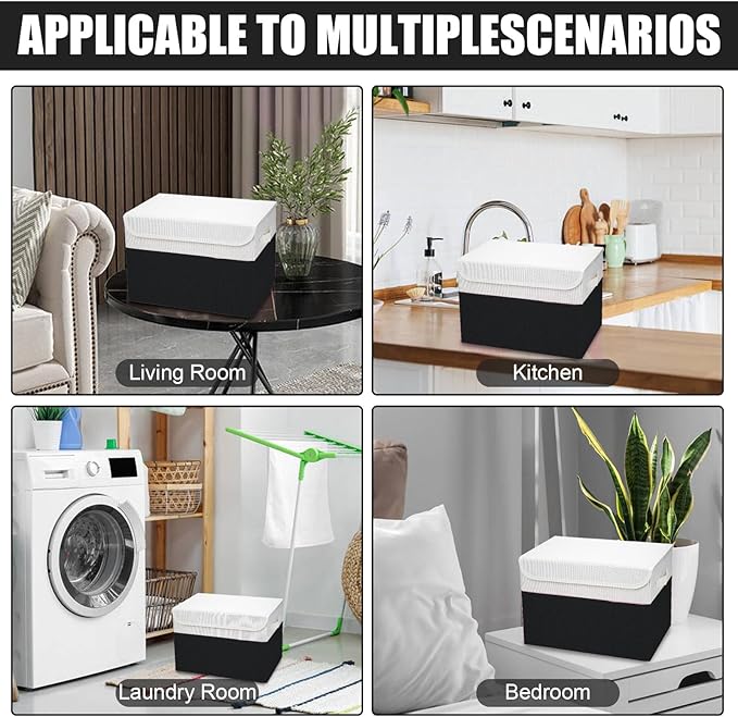 Large 22 Quart Linen Fabric Foldable Storage Bin Cube Organizer Basket with Flip-Top Lid & Handles, Clothes Blanket Box for Home, Office, Closet, Black & White, 4 Pack 14.6 x 9.5 x 9.5-DeskLoop Office